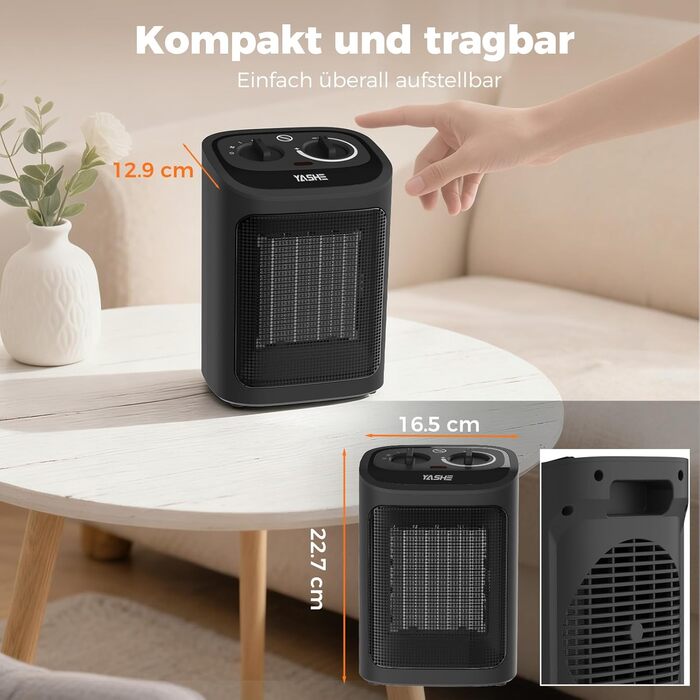 Електричний радіатор YASHE потужністю 1500 Вт, керамічний вентилятор-обігрівач PTC з термостатом, 2 режими нагріву режим вентилятора, захист від перекидання та перегріву, компактний електричний обігрівач для дому та офісу