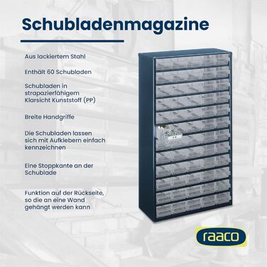 Органайзер для дрібних деталей raaco C12-60 з 60 висувними ящиками, вантажопідйомність 39,6 кг, 15 x 30,6 x 55,2 см, підходить для настінного кріплення, гвинтова підставка для дрібних деталей для системи організації майстерні
