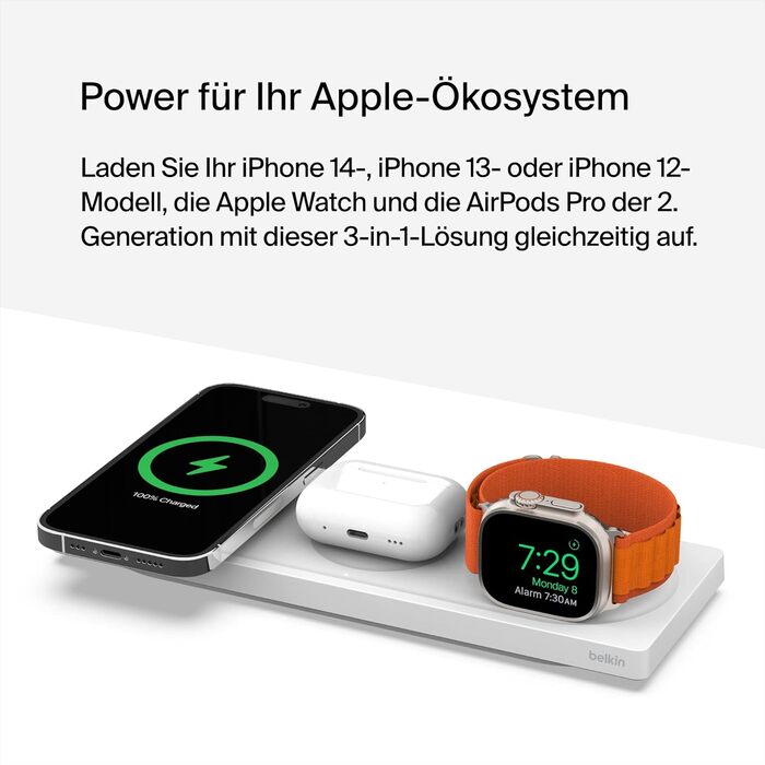 Бездротовий зарядний пристрій Belkin MagSafe 3-в-1, MFi-сертифікована зарядна панель, зарядна станція MagSafe для iPhone 16, iPhon