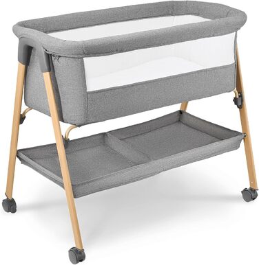 Дитяче ліжечко Moby-System Mili Дорожнє ліжечко 06 місяців, Складане з матрацом, Сітчасті боковини, Місце для зберігання, Колеса з гальмом, Легке та стійке, Сірого кольору, Для новонароджених, Приліжкове ліжечко без свердління, Макс. 9 кг.