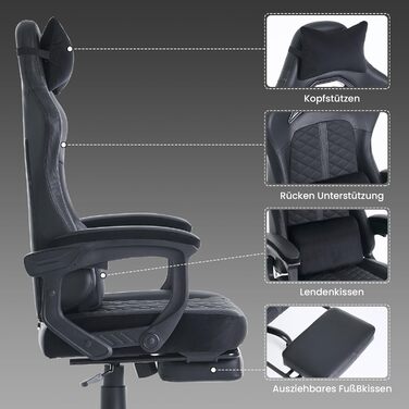 Ігрове крісло з ергономічною підставкою для ніг та коліщатками, комп&39ютерне крісло з підголівником та поперековою опорою, офісне крісло, комп&39ютерне крісло, регульоване та поворотне робоче крісло, чорне