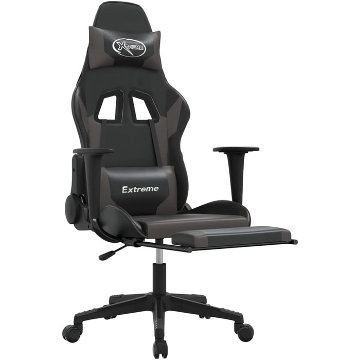 Геймерське крісло з підставкою для ніг, чорно-сіра штучна шкіра, ергономічне комп&39ютерне крісло, регульоване, для геймерів з підставкою для ніг, чорно-сіре