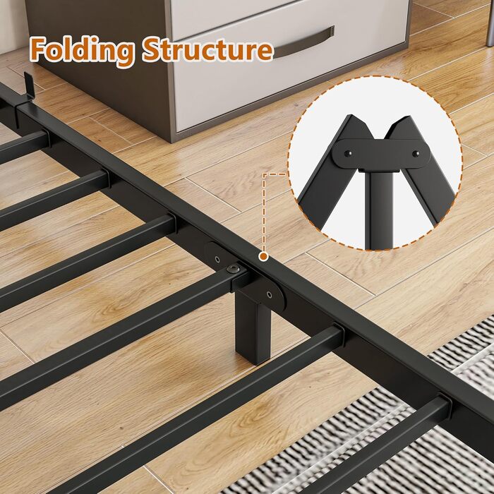 Ліжко 120x200 з рейковою основою, металеве ліжко 120x200 - висота підлоги 16 см, каркас ліжка 120x200, ліжко-платформа з металу, гостьове ліжко, двоспальне ліжко, пружинний блок не потрібен, безшумне, чорний каркас ліжка чорний - низьке ліжко 120 x 200 см