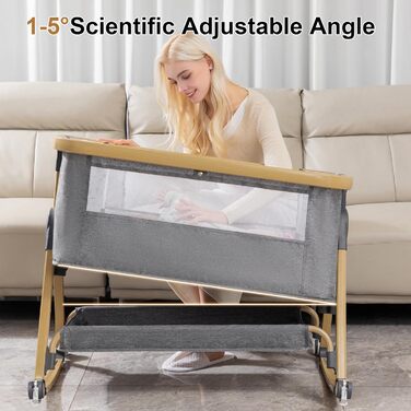 Портативне дитяче ліжко YAZOCO 3-в-1 з дихаючою сіткою та простирадлом, регульованою колискою з кошиком для зберігання (висока версія, сірий колір)