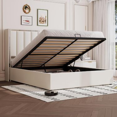 М&39яке ліжко з ящиком для зберігання речей, узголів&39ям заввишки 115 см, місцем для зберігання речей, функцією підйому та хромованим дизайном, каркас з масиву дерева оксамит (кремово-білий, 140 x 200 см) 140 x 200 см Бежевий