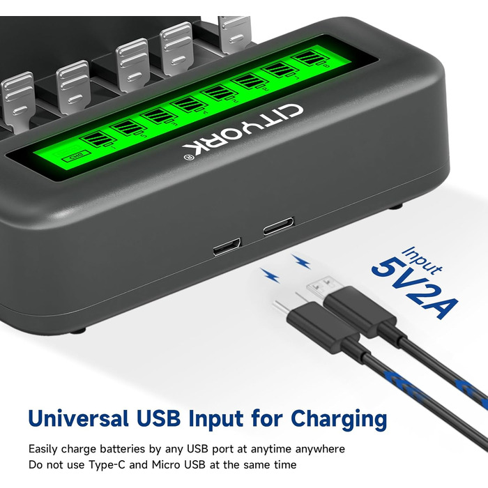 Акумуляторні батареї CITYORK D Cell 10000mAh з 8 слотами для заряджання NI-MH батарейок типу AA, AAA, CD (зарядний пристрій та 6 батарейок типу D)