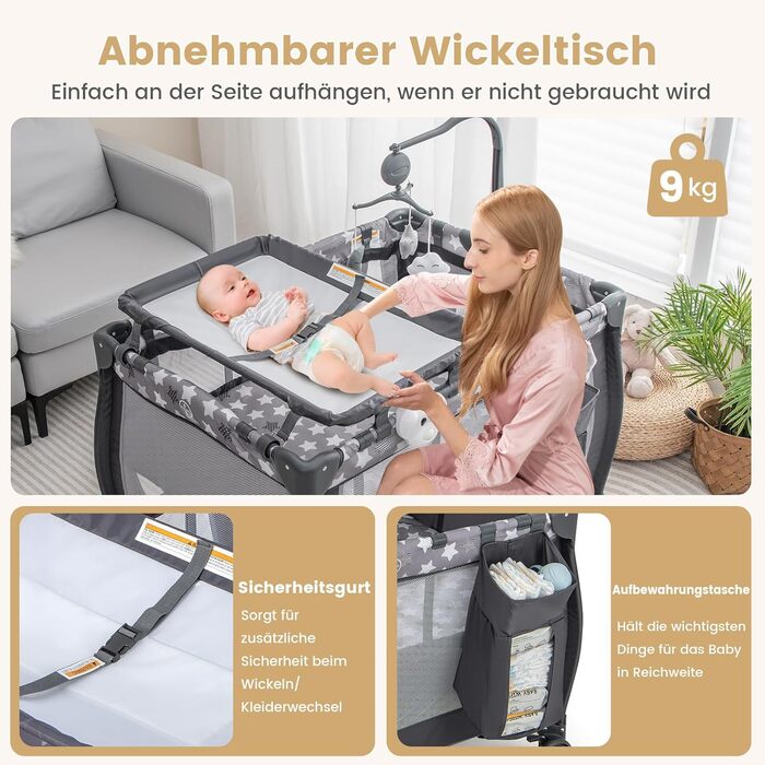 Складане дитяче ліжечко COSTWAY 3 в 1, 2-рівневе дорожнє ліжечко зі складним матрацом, пеленальний килимок, музичний мобіль, ігрова арка та сумка для перенесення, бічний ліжечко з колесами для дитини до 3 років (темно-сірий)