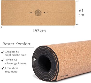 Килимок для йоги преміум-класу з корком (товщина 4 мм) - Нековзний килимок для фітнесу з лініями вирівнювання - Килимок для пілатесу Сумка для йоги Мандала