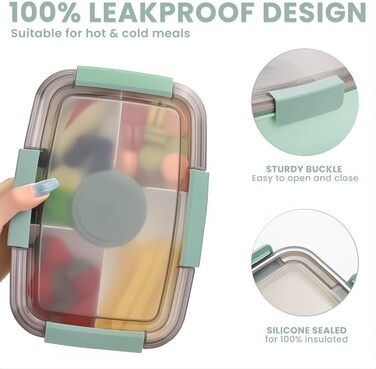 Ланчбокс Bugucat для дорослих 2000 мл, герметичний контейнер для обіду з роздільниками, бento-бокс для дітей, контейнер для салату з виделкою, для школи, офісу, темно-зелений 2000 мл