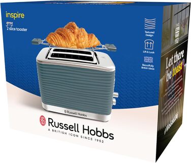 Тостер Russell Hobbs на 2 скибочки Inspire Grey з високоякісною глянцевою структурою (надзвичайно широкі отвори для тостів, включаючи насадку для булочки, 6 рівнів підрум'янювання функція розморожування та розігріву) 24373-56