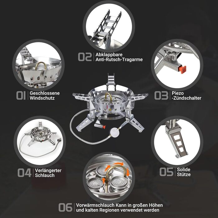 Газова піч для кемпінгу Bulin 6800W вітрозахисна, кемпінгова газова піч з п'єзопідпалом, піч на відкритому повітрі з адаптером, вантажопідйомність з нержавіючої сталі 75 кг для пішохідного пікніка 6800W з адаптером