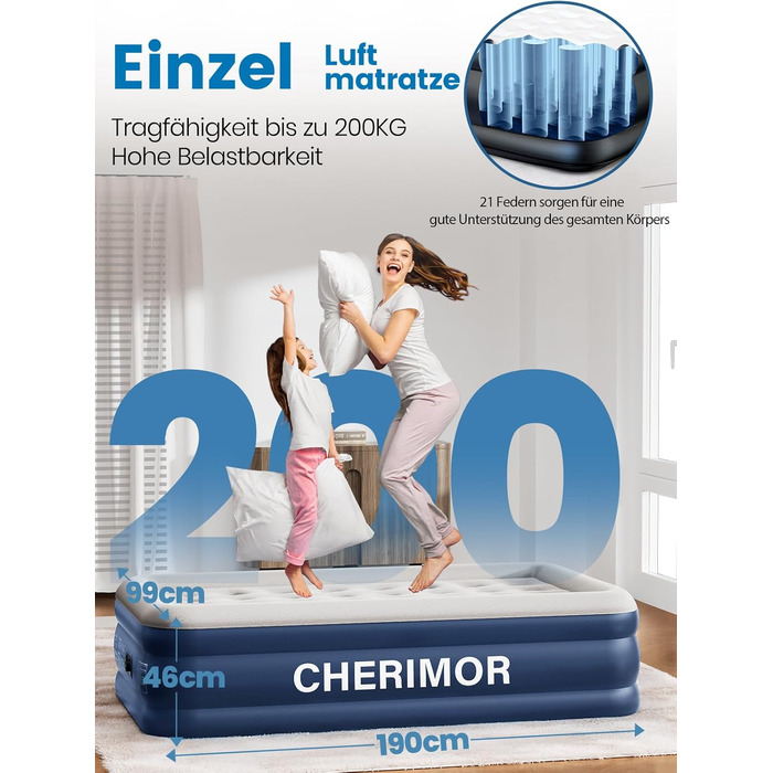Самонадувальний надувний матрац, надувне ліжко для 1 особи, герметичне самонадувальне надувне ліжко з вбудованим насосом за 2 хвилини, надувний матрац для дому та гостьового ліжка 190x99x46 см, одномісний