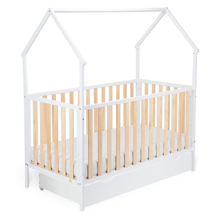 Дитяче ліжко в дизайні будинку, Регульована висота в 3 положеннях, Трансформується в дитяче ліжко (Комфортний матрац/з шухлядою, Білий/Натуральний, 120x60 см) 124Д x 72Ш x 155В см Комфортний матрац/з шухлядою Білий/Натуральний, 120x60