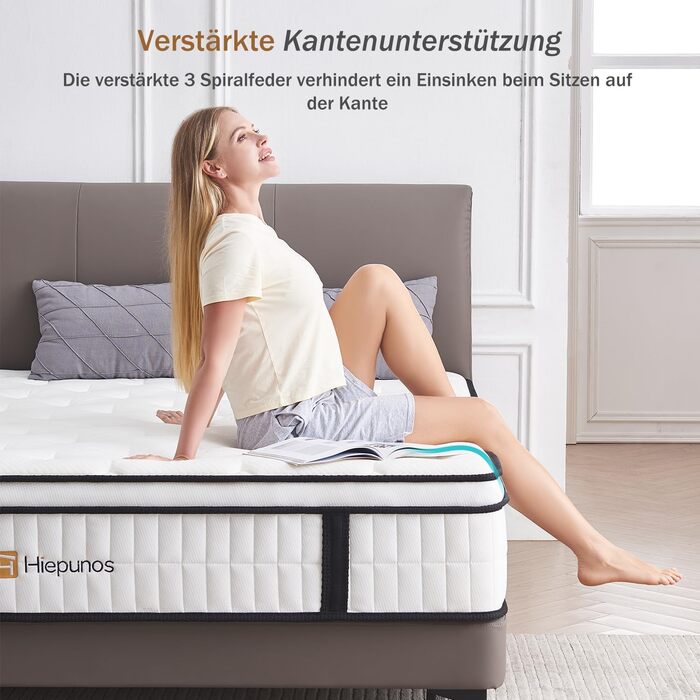 Матрац 180x200 см, пружинний матрац кишенькової форми, рівень жорсткості H3, 7-зонний пружинний матрац, ортопедичний з комфортним шаром піни з ефектом пам&39яті, розвантаження спини 26 см, 180x200x26 см