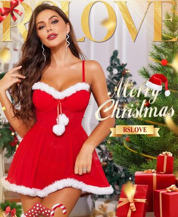 Різдвяна білизна RSLOVE для жінок - пеньюар з помпонами зі штучного хутра, костюм Санта-Клауса, сексуальна білизна на Різдво, розмір L, червоний