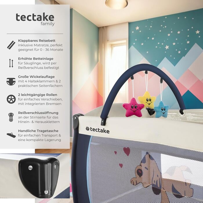 Дитяче ліжечко tectake Baby Travel Cot, дитяче ліжечко, регульоване по висоті ліжечко з матрацом та сумкою для перенесення, дитяче ліжко, дорожнє ліжечко, портативне приліжкове ліжечко для немовлят - 132 x 75 x 104 см - темно-синій, синій, з малюком собак