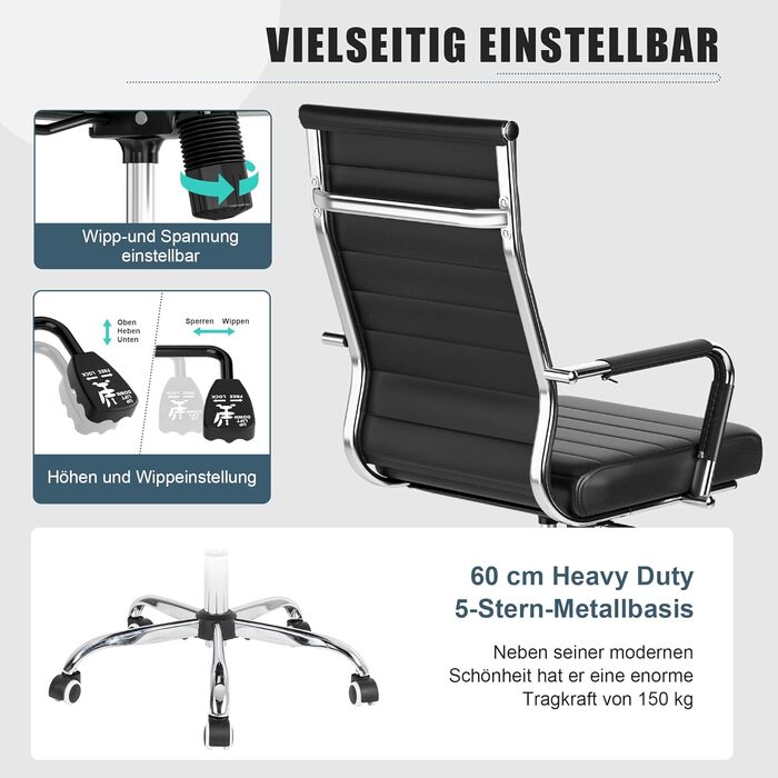 Ергономічне офісне крісло UEV, до 150 кг, штучна шкіра, чорний (срібна основа)