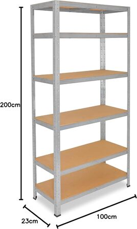 Міцний домашній стелаж, оцинкований/металевий стелаж з 6 полицями/металевий стелаж для підвалу, гаражний стелаж, стелаж для майстерні або стелаж для зберігання/змішаний металевий стелаж з вантажопідйомністю 145 кг В 200 см / Ш 100 см / Г 23 см, 200x100x23