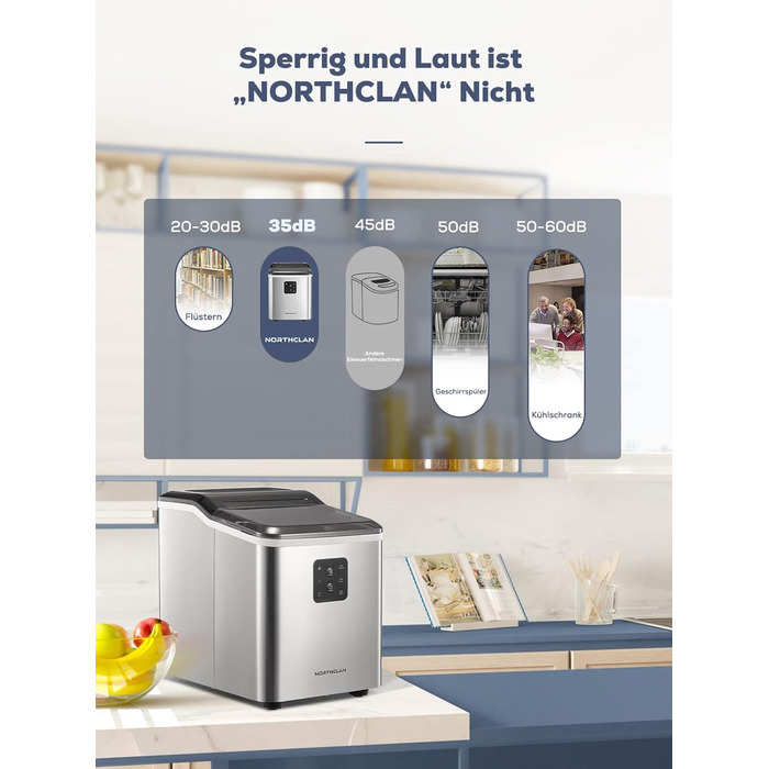 Машина для льоду з нержавіючої сталі з 2 розмірами кубиків льоду, 14 кг 24 шт. , самоочищення, 9 кубиків льоду за 6 хвилин, LED-дисплей, резервуар для води 2 л, льодогенератор із черпаком для льоду та кошиком, льодогенератор NORTHCLAN