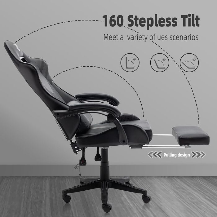 Ергономічне ігрове крісло з масажною поперековою подушкою, офісне крісло для ПК в гоночному стилі зі штучної шкіри, ігрове крісло з підлокітниками, вантажопідйомність до 159 кг, чорний колір