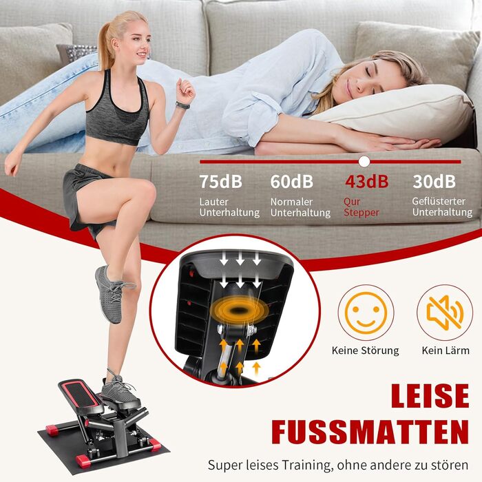 Міні-степер LEADZM з безшумною накладкою для домашнього використання, фітнес-степер 2-в-1 з гумкою, РК-дисплеєм, таймером, лічильником калорій, степером вгору-вниз для тренажера ніг/рук, чорний та червоний