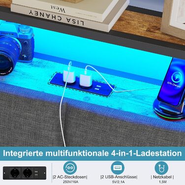 Ліжко 180x200 з металевою рейковою основою, двоспальне ліжко 180x200 см зі світлодіодним підсвічуванням, каркас ліжка 180x200 см з узголів&39ям та зарядною станцією (2 розетки змінного струму, 2 USB-порти) Сучасне, сіро-сірий 180x200 см