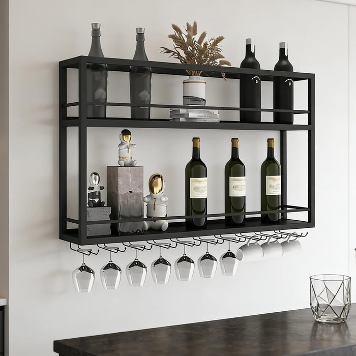 Промислова настінна винна підставка з тримачем для келихів, чорний металевий тримач для пляшок, багатофункціональна винна підставка, 2-ярусна, для домашнього бару, їдальні, кухні (1002065 см)