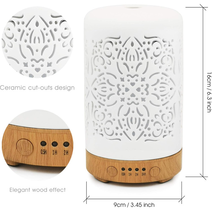 Мл - білий керамічний кімнатний розсіювач ароматичних олій - електрична ароматична лампа, зволожувач повітря, нічна лампа - 7 кольорів світла, таймер, автоматичне вимикання, 100