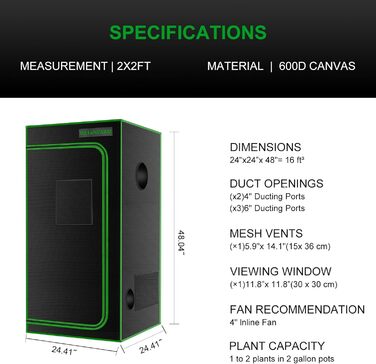 Тент для вирощування MELONFARM 66121 см, з високоякісним відбиваючим матеріалом Diamond Mylar 600D, оглядовим вікном та піддоном для гідропоніки (60x60x120 см)
