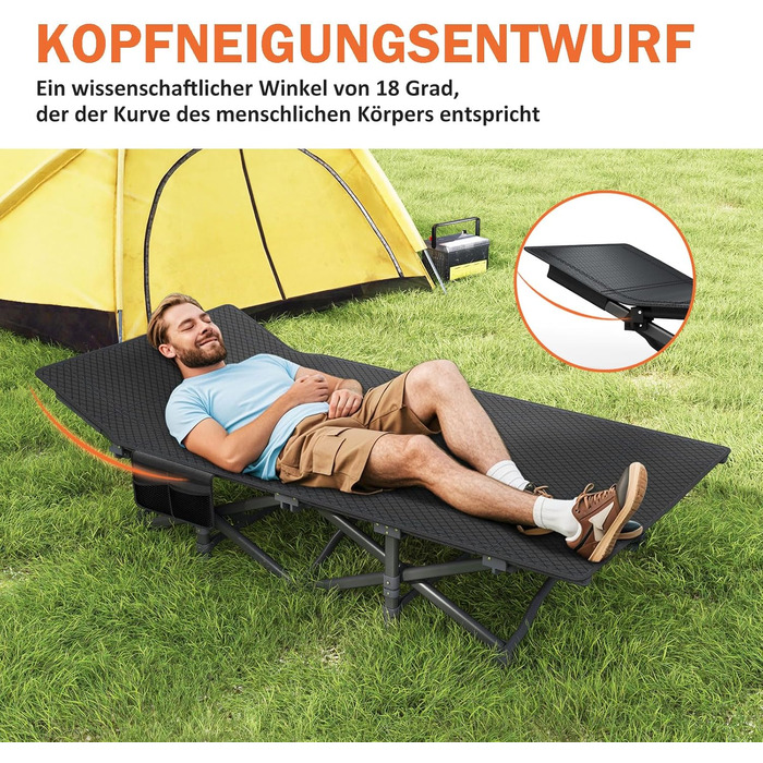 Розкладне кемпінгове ліжко, розкладне гостьове ліжко до 200 кг, з бічною кишенею, портативний кемпінговий шезлонг, для використання на природі, в саду, для подорожей, кемпінгу та в приміщенні (сіре)