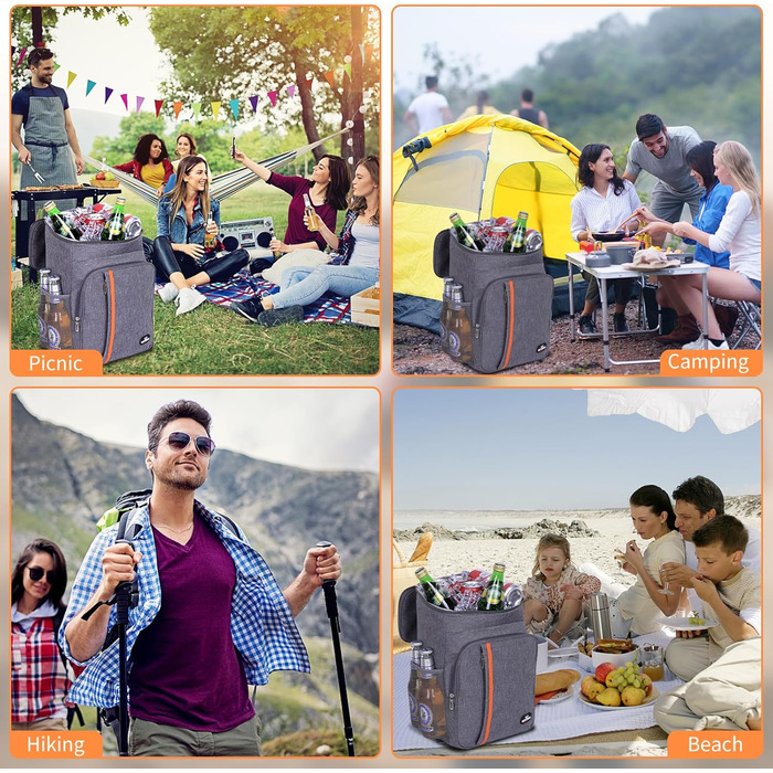 Рюкзак-холодильник 22 л - Велика сумка-холодильник, рюкзак для пікніка, водонепроникний рюкзак, надлегкі рюкзаки для чоловіків та жінок для кемпінгу, барбекю, походів, пікніка, чорно-сірий