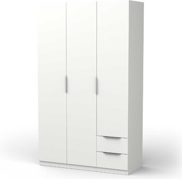 Сучасна шафа з рейкою для вішалок, 3 двері, 2 шухляди, 4 полиці матово-білий 119,4 x 51,1 x 203 см