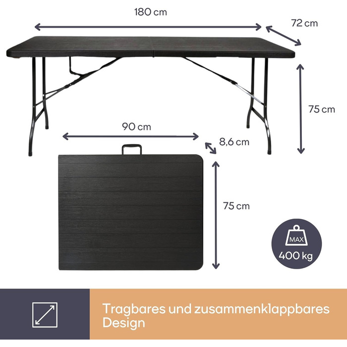 Складаний стіл Perel, фуршетний стіл, кемпінговий стіл, стіл для пікніка, чорний дерев&39яний вигляд, складаний та портативний з ручкою, стільниця з HDPE та сталевий каркас, 180 x 75 x 72 см, для використання в приміщенні та на вулиці