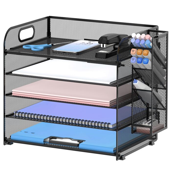 Рівневий органайзер для столу SUPEASY з ручкою, знімні тримачі для ручок, сітчастий органайзер для паперу/файлів для столу, органайзер для лотка для паперу та листів для офісного приладдя (чорний), 5-