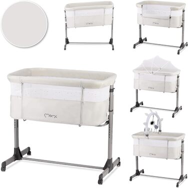 Багатофункціональне приліжкове та дитяче ліжко Momi REVO, 6-рівневе регулювання висоти від 72 до 82 см, з колесами, включаючи матрац, кріпильні ремені, сітку від комах та ручку з іграшками