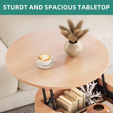 Журнальний столик з регульованою висотою, круглий журнальний столик з ребристим дизайном та прихованим місцем для зберігання, приставні столики для дивана Centro для вітальні, підйомна поверхня з дуба