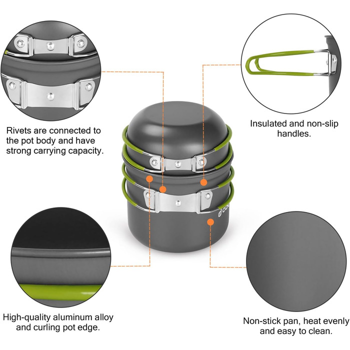 Набір посуду для кемпінгу Odoland, 16 предметів для 2 осіб, посуд для кемпінгового використання з алюмінію та нержавіючої сталі, кемпінгові горщики, чашки, складні столові прибори, міні-пічка для кемпінгового посуду, пікніків та походів.