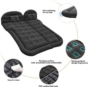 Надувний матрац для позашляховика, ліжко для подорожей в автомобілі, потовщений надувний матрац з флокуванням та ПВХ-поверхнею, для подорожей, походів, повнорозмірний надувний килимок для сну (чорний)