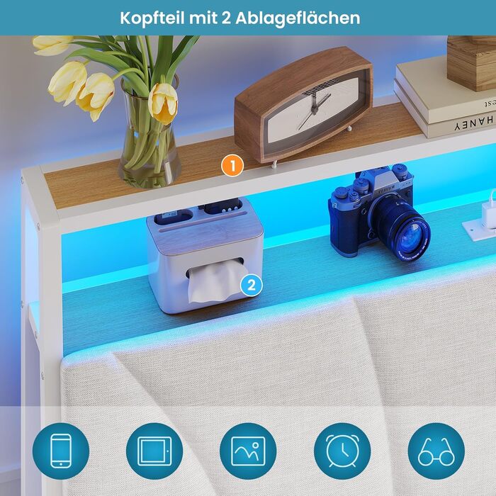 Ліжко 180x200 з металевою рейковою основою, двоспальне ліжко 180x200 см зі світлодіодним підсвічуванням, каркас ліжка 180x200 см з узголів&39ям та зарядною станцією (2 розетки змінного струму, 2 USB-порти) Сучасне, Білий Білий 180x200см