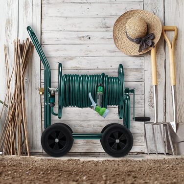 Садовий візок для шланга Relaxdays, до 60 м, 4 суцільні гумові колеса, швидке зєднання, металева бочка для шланга, зелений