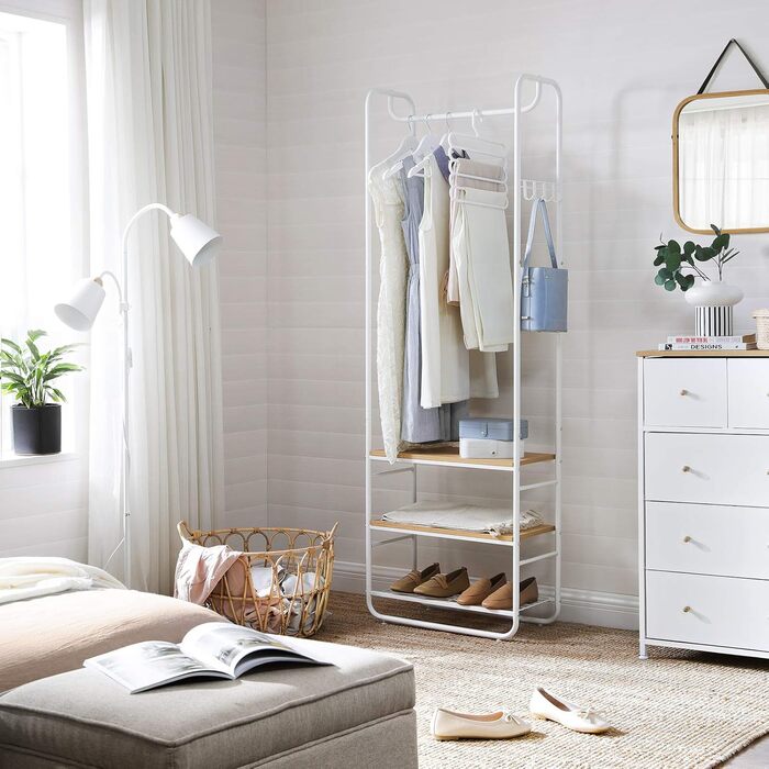 Вішалка для верхнього одягу, Шафа, Вішалка для одягу, з полицею для взуття, Вішалка для взуття, Передпокій, Спальня, 58 x 28 x 181 см, Скандинавський, Білий Золотий HSR81WN Матовий білий Золотий дуб