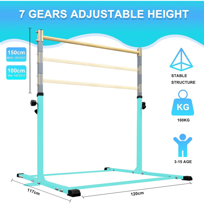 Гімнастичний гриф HomeSun для дітей, міцний нахилений гриф з кільцями, горизонтальний гімнастичний гриф для домашніх тренувань, регульована висота 90-150 см, тренажер до 100 кг, вік 3-15 років, бірюзовий