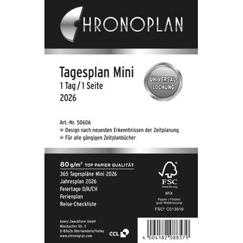 Вкладиш-календар Chronoplan 50606 2026 (міні-щоденник (79x125 мм), змінний календар для планувальників зустрічей, щоденник, ідеально підходить для детального щоденного планування, 1 день на сторінці, з універсальним перфоратором) білий