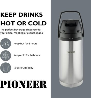 Термос Pioneer Flasks Airpot з нержавіючої сталі з важелем, пляшка для гарячої та холодної води, для чаю, кави, для конференцій, подій, 1,9 літра, сріблястий (SS19HC)