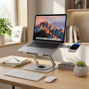 Стійка для ноутбука з магнітним тримачем для телефону, поворотна на 360 та регульована по висоті, виготовлена зі сталевого сплаву надміцна, складана, ергономічна з вентиляцією, для ноутбуків 1017,3 дюймів
