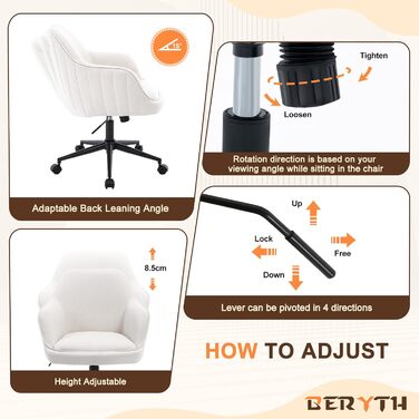 Офісне крісло, для домашнього офісу, оксамитове крісло-туалет, вантажопідйомність до 136 кг, ергономічне, регульоване по висоті обертове крісло, робоче крісло з поворотом на 360, тихі коліщатка, для кабінету, спальні, для домашнього офісу, білий оксамит, 