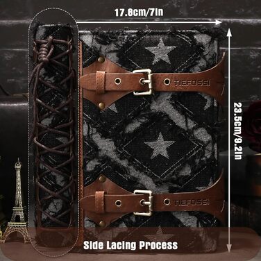 Джинсовий щоденник TIEFOSSI для жінок та чоловіків вінтажний блокнот зі штучної шкіри з механізмом на 6 кілець, лінійкою для коледжу, з можливістю поповнення та внутрішніми кишенями (17,8 x 23,5 см) чорного кольору