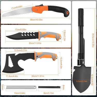 Набір для виживання на відкритому повітрі туристичний ніж, сокира, складна пилка, складаний саперний ніж, кемпінгова сокира та кресало (2 частини), чорний