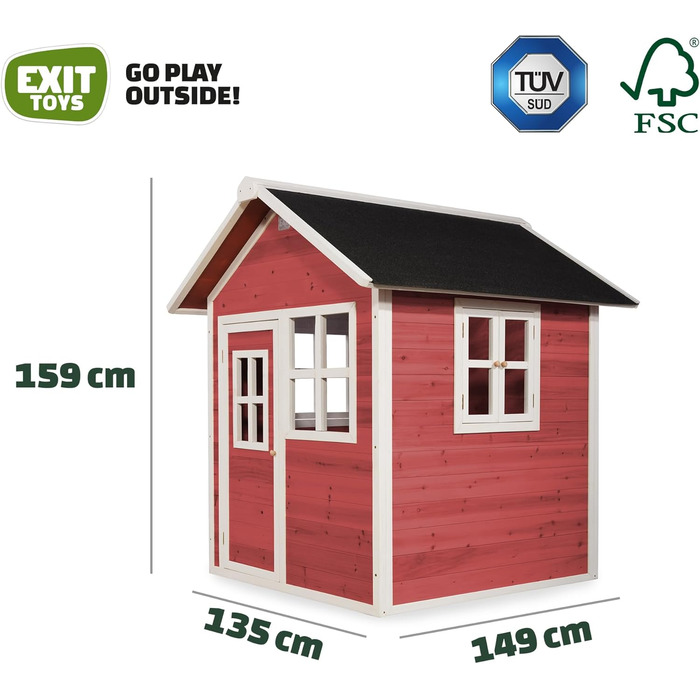 Дерев'яний ігровий будиночок EXIT Toys Loft 100 для вулиці - Дерев'яний садовий будиночок для дітей з водонепроникним дахом - Легка збірка - 100 деревина кедра FSC - Сертифікований TV - 149x135x159см - Червоний