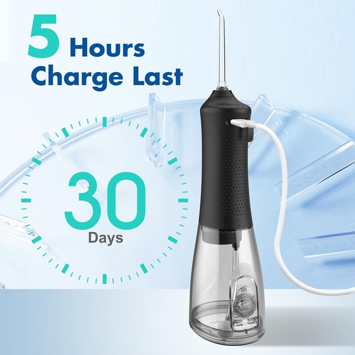 Портативний іригатор для ротової порожнини для дому та подорожей, 5 режимів тиску, 6 насадок, резервуар 300 мл, USB-перезаряджання, водонепроникність IPX7, засіб для чищення зубів та догляду за яснами (для брекетів та загальної гігієни)